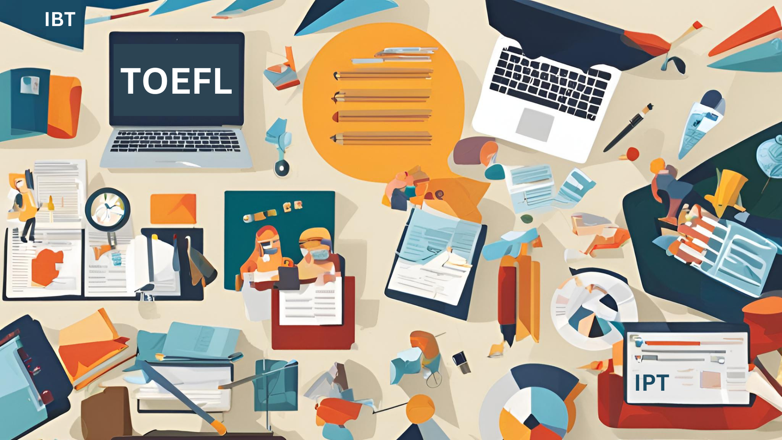 Estudiantes estudiando para TOEFL e IELTS con materiales y tecnología moderna.